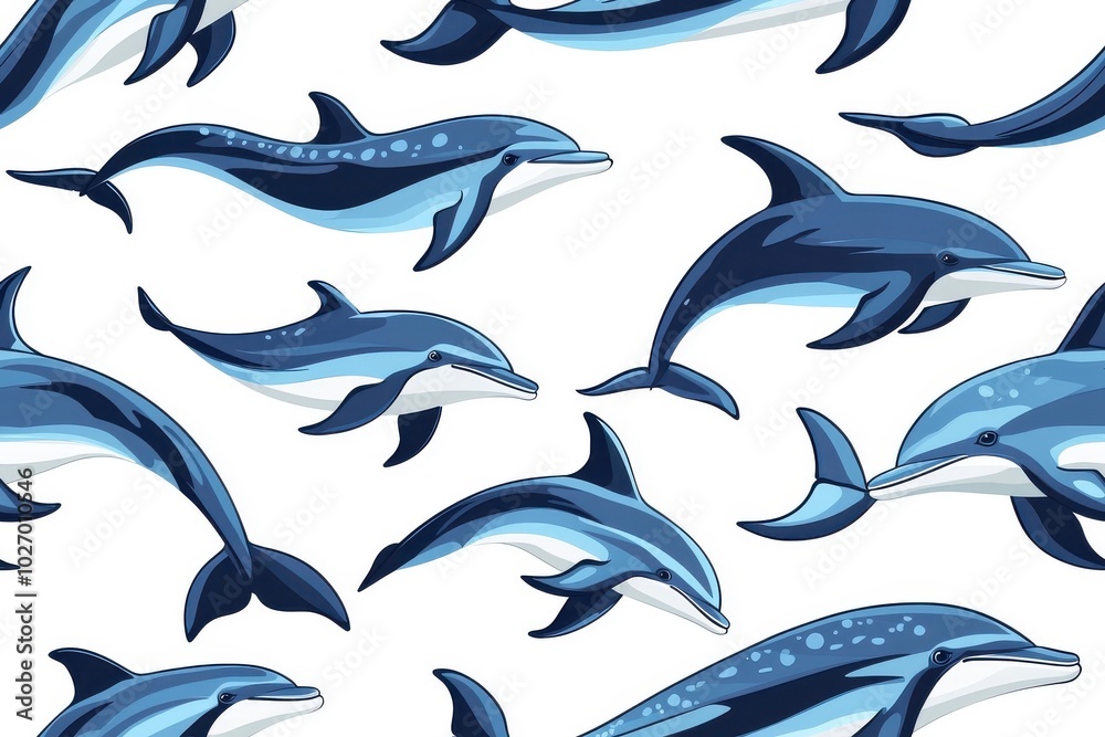 Naklejka premium Flat style seamless pattern of dolphins, isolate on white background.