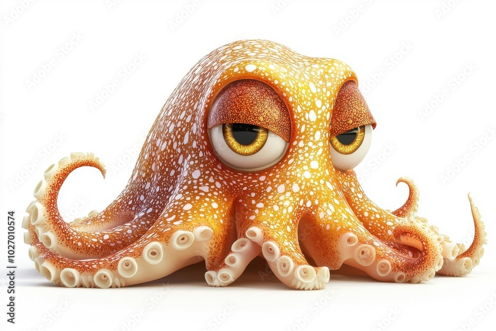Naklejka premium A 3D cartoon squid character, isolate on white background, with playful features and bright colors.