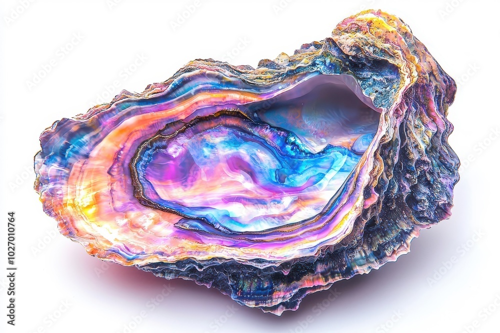 A neon style oyster, isolate on white background, glowing with striking colors and energy. A neon style oyster, isolate on white background, glowing with striking colors and energy.
