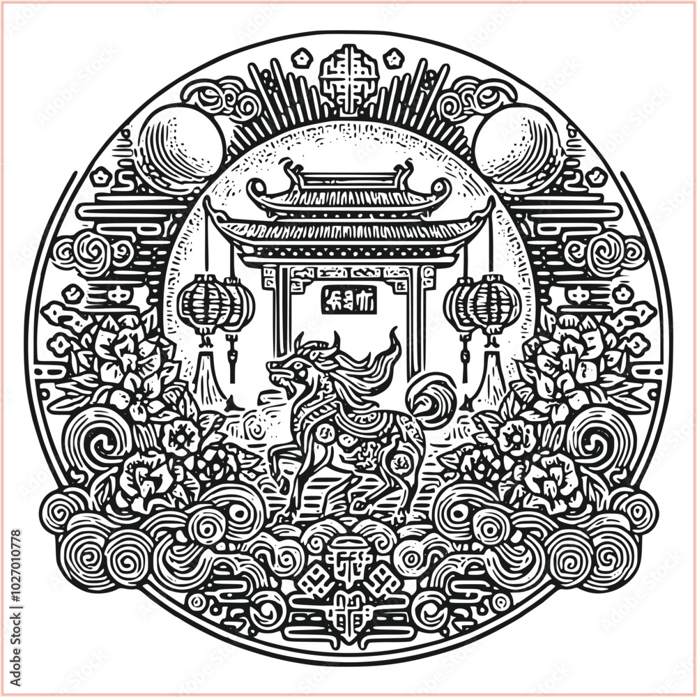 lunar new year Chinese dragon Dragon with round shield out vector silhouette lunar new year Chinese dragon Dragon with round shield out vector silhouette