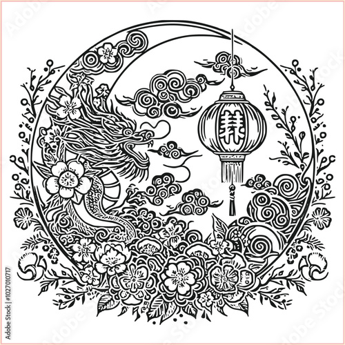 lunar new year Chinese dragon Dragon with round shield  out vector silhouette