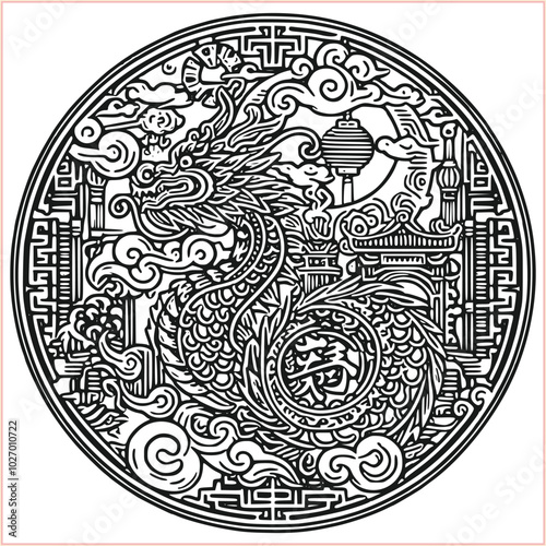 lunar new year Chinese dragon Dragon with round shield  out vector silhouette