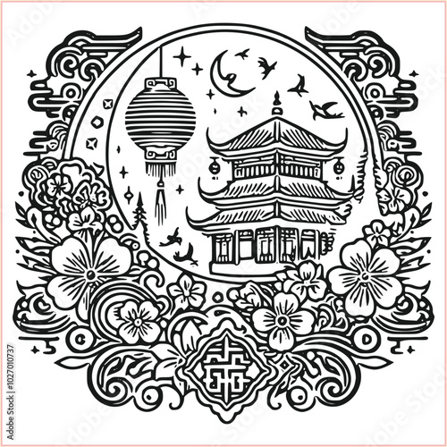 lunar new year Chinese dragon Dragon with round shield  out vector silhouette