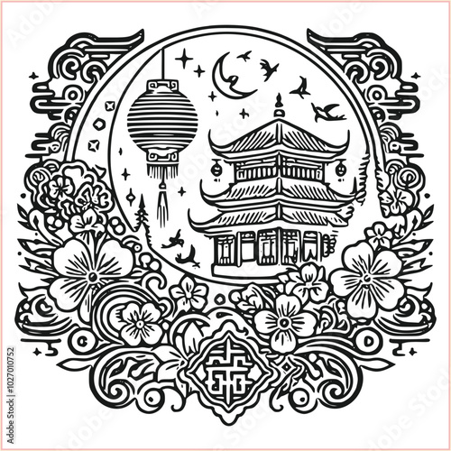 lunar new year Chinese dragon Dragon with round shield  out vector silhouette