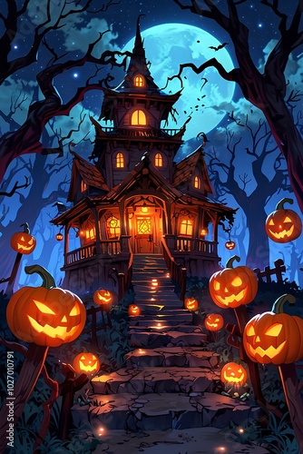 Creepy Haunted Mansion Surrounded by Twisted Trees and Glowing Pumpkins Under the Moonlight photo