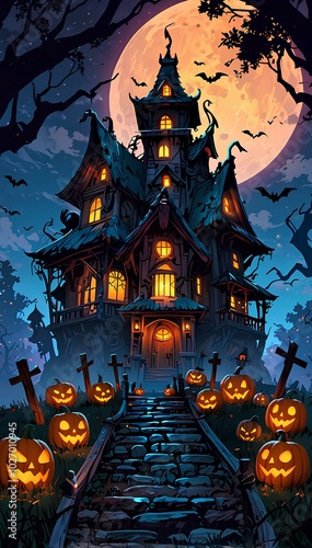 Creepy Haunted Mansion Surrounded by Twisted Trees and Glowing Pumpkins Under the Moonlight photo