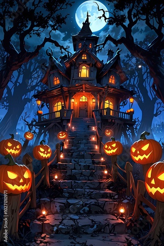 Creepy Haunted Mansion Surrounded by Twisted Trees and Glowing Pumpkins Under the Moonlight photo