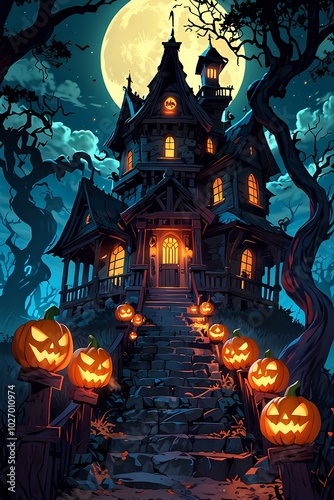 Creepy Haunted Mansion Surrounded by Twisted Trees and Glowing Pumpkins Under the Moonlight photo