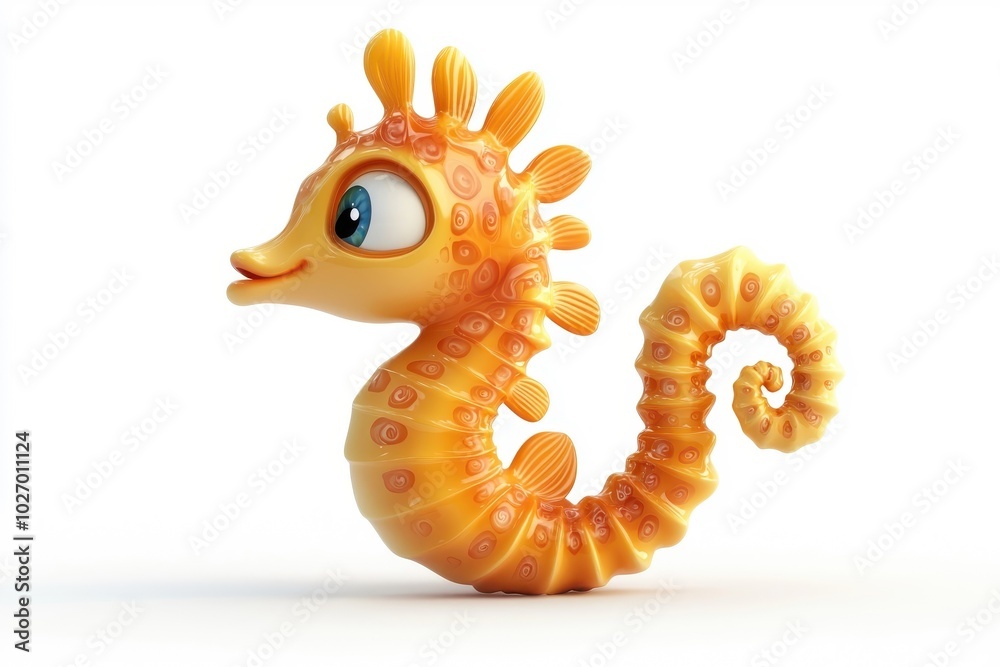 Fototapeta premium A 3D cartoon seahorse character, isolate on white background, with playful and whimsical features.