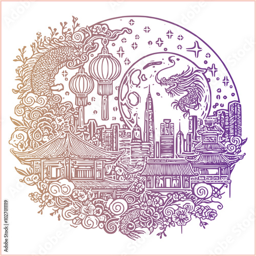 lunar new year Chinese dragon Dragon with round shield  out vector silhouette