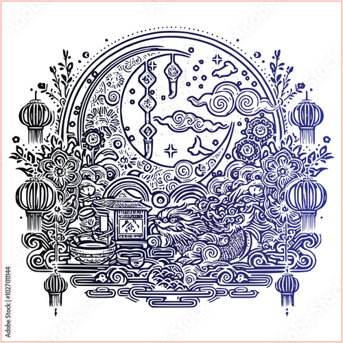 lunar new year Chinese dragon Dragon with round shield  out vector silhouette