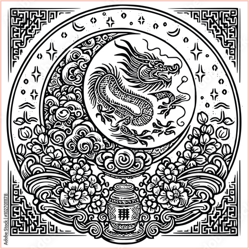 lunar new year Chinese dragon Dragon with round shield  out vector silhouette