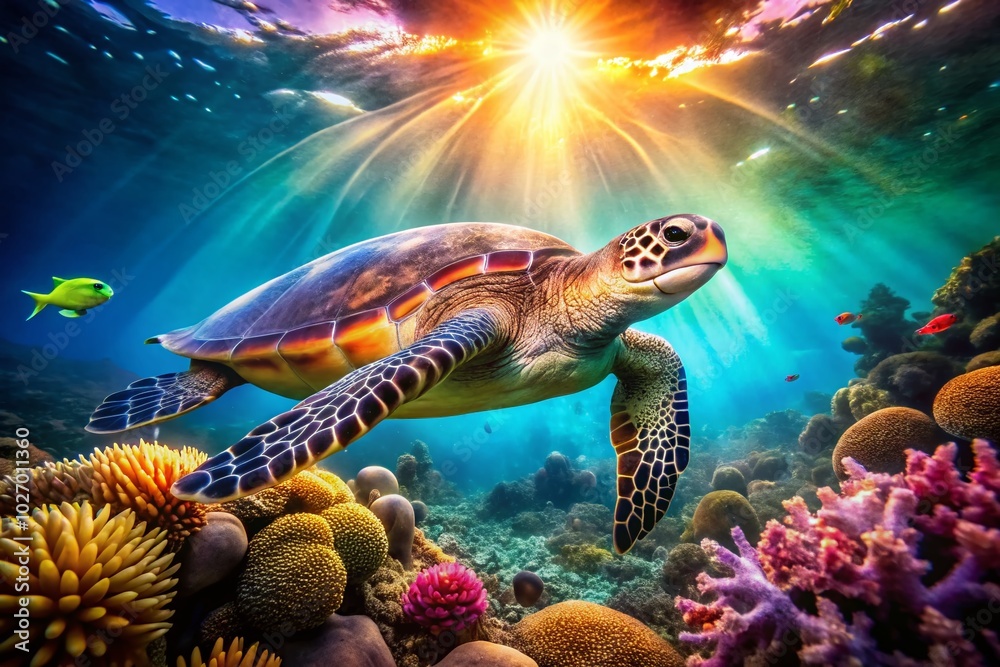 Sea Turtle Swimming Near Vibrant Corals in Crystal Clear Waters - Underwater Exploration Photography Sea Turtle Swimming Near Vibrant Corals in Crystal Clear Waters - Underwater Exploration Photography