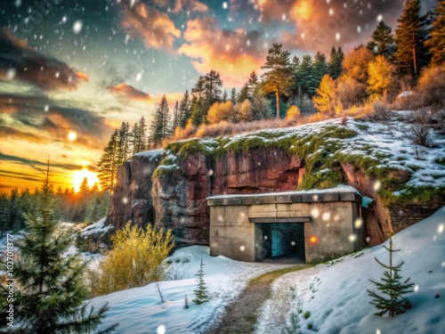 Secret Bunker on a Snowy Cliff - Mysterious Winter Hideaway with Bokeh Effect