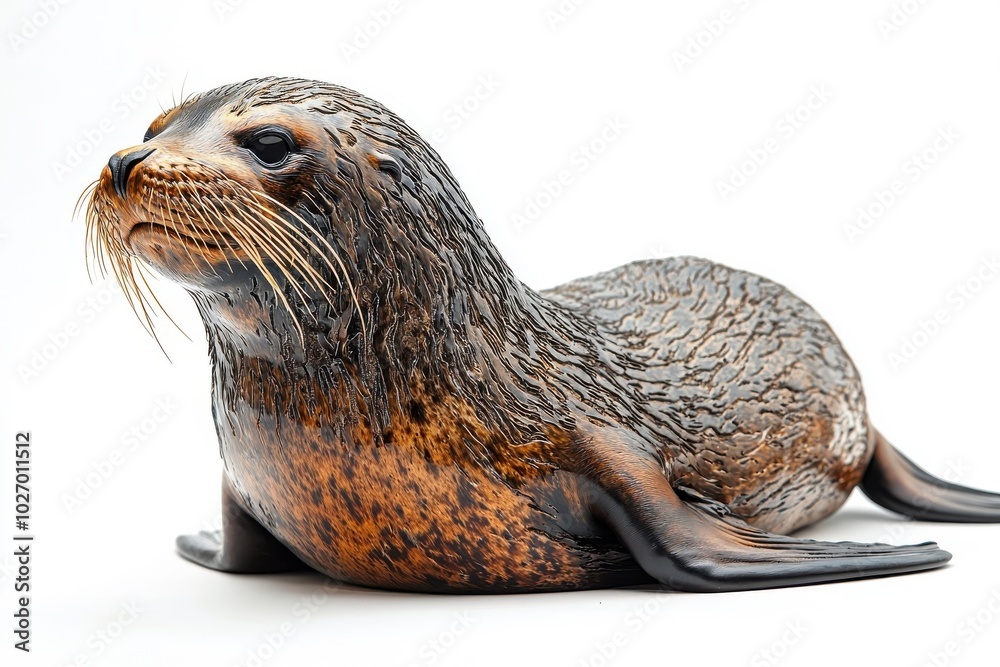 Fototapeta premium A seal isolate on white background, displaying its sleek body and whiskers with a playful expression.
