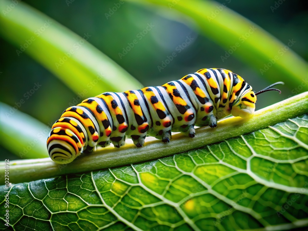Vibrant Tiger Swallowtail Caterpillar on Green Leaf in Natural Habitat Captured Close-Up Photography Vibrant Tiger Swallowtail Caterpillar on Green Leaf in Natural Habitat Captured Close-Up Photography