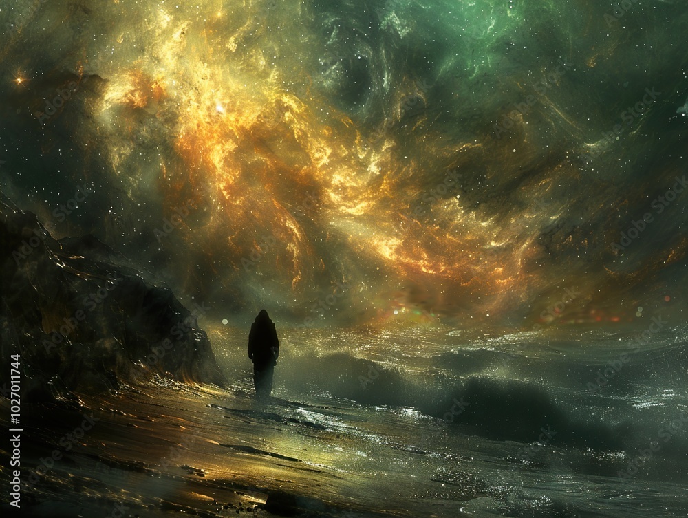 Silhouette of a Figure Contemplating the Cosmic Ocean Silhouette of a Figure Contemplating the Cosmic Ocean
