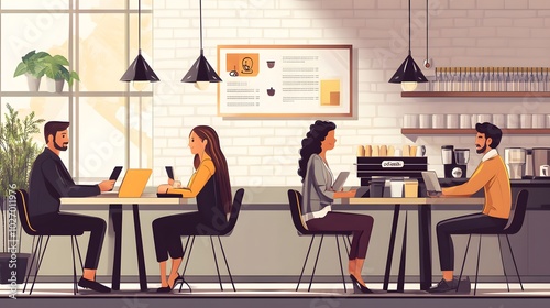 Four People Working and Drinking Coffee at a Cafe