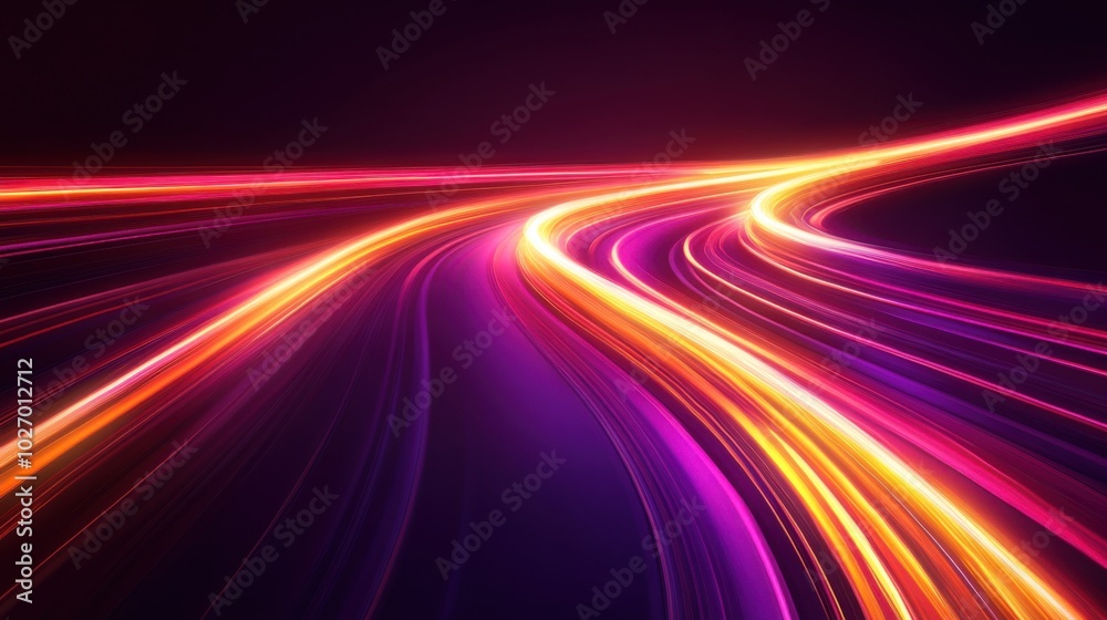 Gradient of maroon to orange neon road speed. Light abstract laser trace from the movement of cars. LED curves fast strips Gradient of maroon to orange neon road speed. Light abstract laser trace from the movement of cars. LED curves fast strips