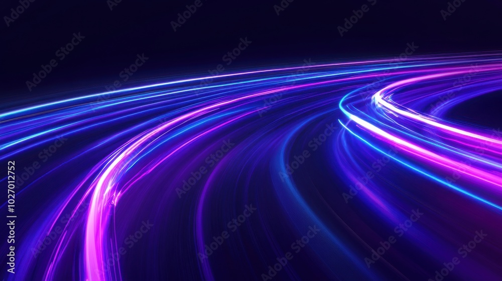 Gradient of navy to lavender neon road speed. Light abstract laser trace from the movement of cars. LED curves fast strips. Gradient of navy to lavender neon road speed. Light abstract laser trace from the movement of cars. LED curves fast strips.