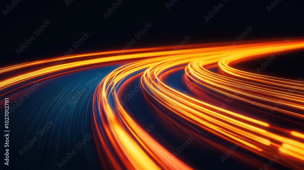Gradient of orange to sapphire neon road speed. Light abstract laser trace from the movement of cars. LED curves fast strips. Gradient of orange to sapphire neon road speed. Light abstract laser trace from the movement of cars. LED curves fast strips.