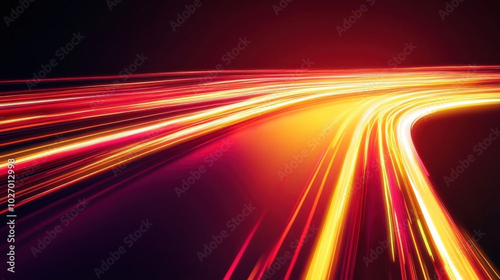 Gradient of red to yellow neon road speed. Light abstract laser trace from the movement of cars. LED curves fast strips. Gradient of red to yellow neon road speed. Light abstract laser trace from the movement of cars. LED curves fast strips.