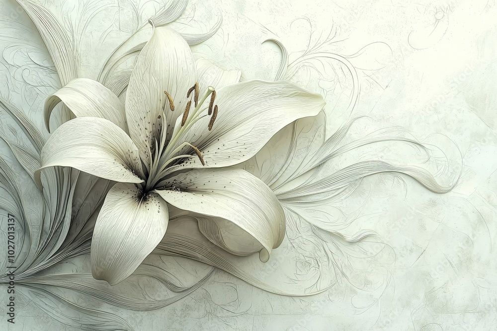An elegant Art Nouveau style lily, isolate on a white background, characterized by graceful lines and intricate details. An elegant Art Nouveau style lily, isolate on a white background, characterized by graceful lines and intricate details.