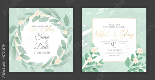 Square size Watercolor Wedding event Invitation card with Green Leaves and floral