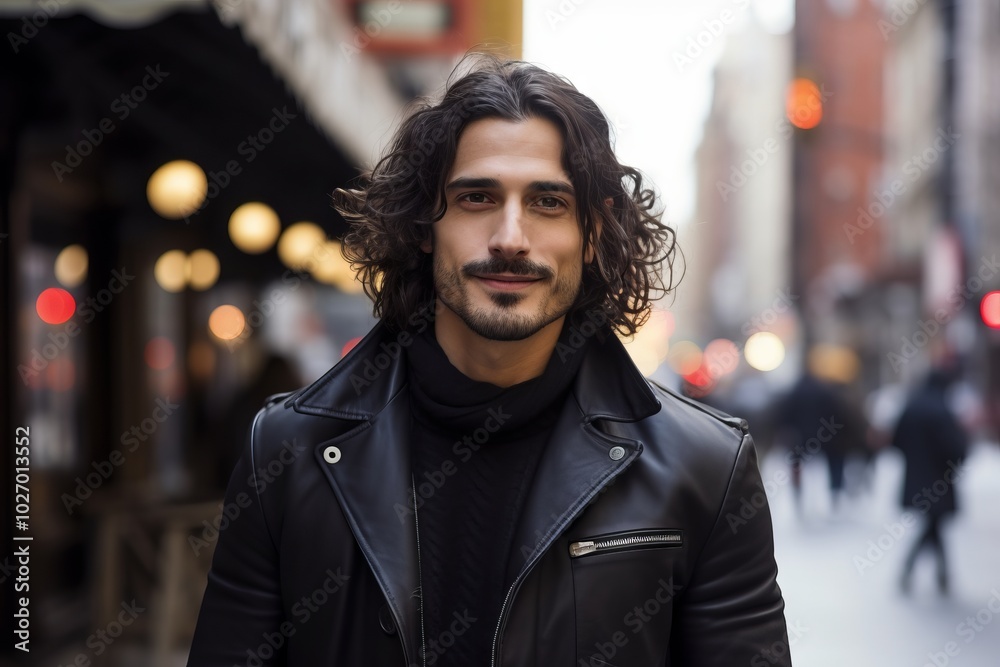 Portrait of a handsome young man with long curly hair, wearing a black leather jacket, standing in a European street. Portrait of a handsome young man with long curly hair, wearing a black leather jacket, standing in a European street.