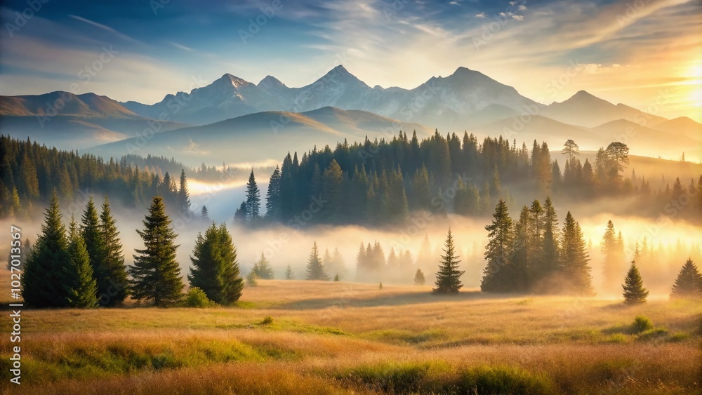 Serene Morning Landscape with High Mountains and Misty Meadows Serene Morning Landscape with High Mountains and Misty Meadows