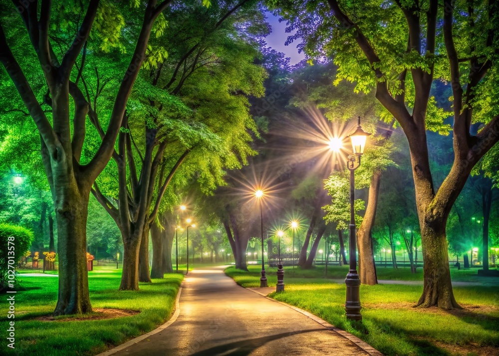 Obraz premium Serene Morning Sunlight Through Green Leaves in Park - Nature's Tranquil Beauty