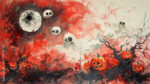 Chinese ink painting on paper, the story of ghosts and demons on Halloween. photo