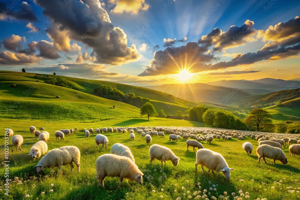 Fototapeta premium Serene Pastoral Scene with Sheep Grazing in a Lush Green Field Under a Bright Blue Sky