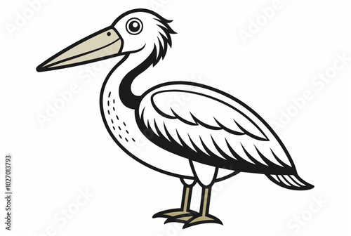 Coloring book page, Pelican black and white outline vector illustration