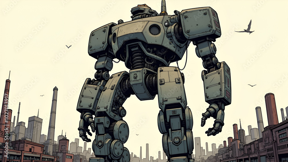 Giant robot standing in an industrial cityscape with a retro comic style Giant robot standing in an industrial cityscape with a retro comic style