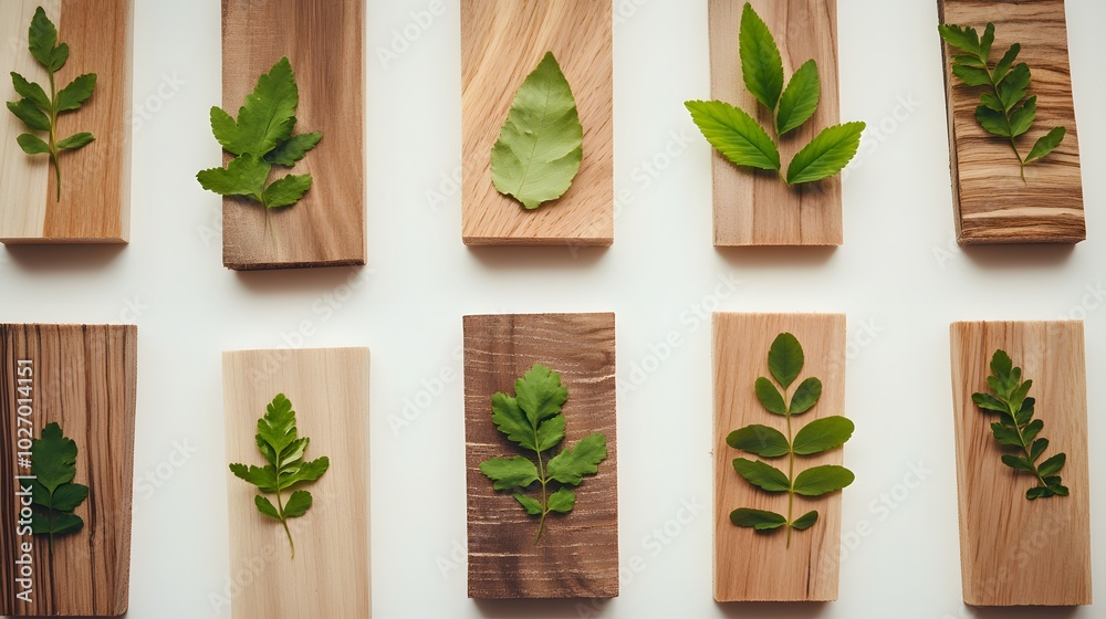 A collection of leaves displayed on wooden boards, showcasing various textures and shades of green against a neutral background. A collection of leaves displayed on wooden boards, showcasing various textures and shades of green against a neutral background.