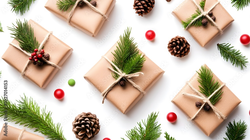 Cozy holiday gifts wrapped in brown paper, adorned with greenery, pinecones, and festive berries, creating a seasonal atmosphere. Cozy holiday gifts wrapped in brown paper, adorned with greenery, pinecones, and festive berries, creating a seasonal atmosphere.