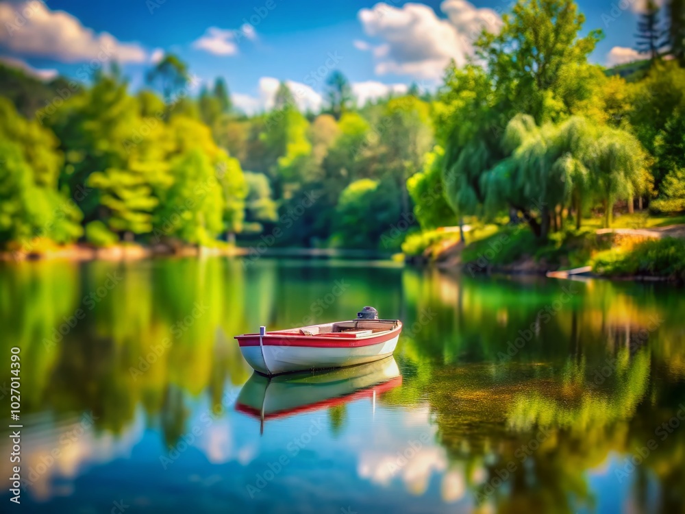 Serene Summer Scene of Lonely Moored Boat in Calm Lake with Tilt-Shift Photography Effect Serene Summer Scene of Lonely Moored Boat in Calm Lake with Tilt-Shift Photography Effect
