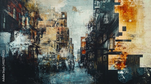 An abstract painting of a city street with buildings on either side, with a cloudy, moody sky.