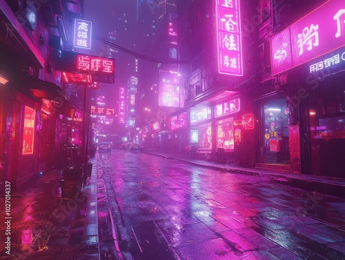 neon-lit street in a cyberpunk city at night, saturated with vibrant purple and pink lights, creating an electrifying atmosphere that immerses viewers in a futuristic urban landscape