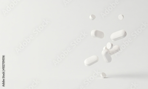 Assorted medication pills floating mid-air white background, various shapes sizes, health care pharmaceuticals concept, medicine tablets levitation clean bright setting