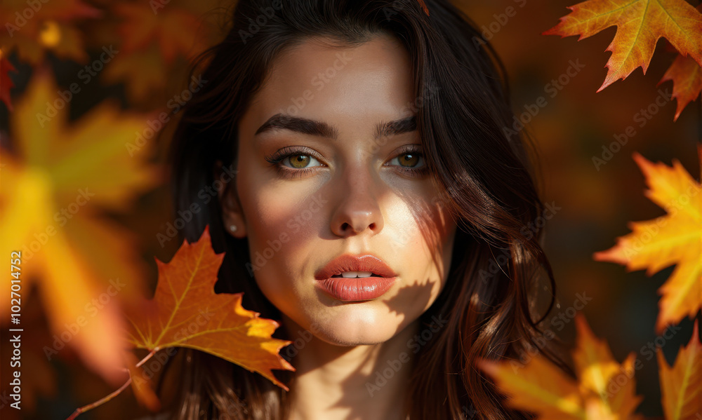 Autumn Fashion Beauty - Young Woman in Maple Leaves, Stylish Female Model in Fall Colors, Natural Light Portrait, Seasonal Elegance, Outdoor Photography Autumn Fashion Beauty - Young Woman in Maple Leaves, Stylish Female Model in Fall Colors, Natural Light Portrait, Seasonal Elegance, Outdoor Photography