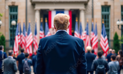 Future United States President entering White House post-election, back view amidst American flags and spectators. Historic moment of leadership and democracy in political setting