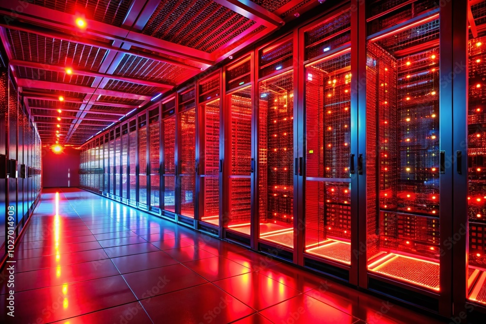Fototapeta premium Server Racks Illuminated by Red Code in a Modern Data Center - Architectural Photography