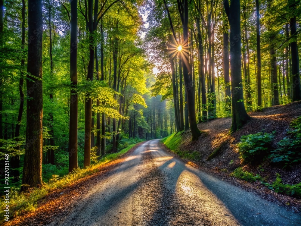 Fototapeta premium Shadows of Trees on Gravel Road in Forest - Nature Photography