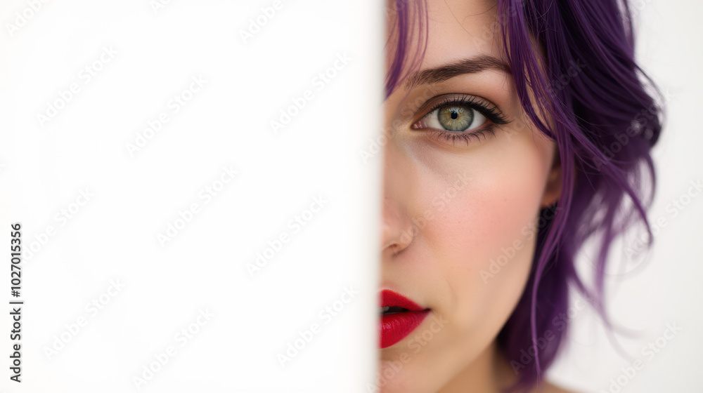 High fashion beauty photo of woman with bold red lipstick and purple hair, delicate skin, intense gaze, close-up composition, modern makeup look for advertising, minimalist beauty concept High fashion beauty photo of woman with bold red lipstick and purple hair, delicate skin, intense gaze, close-up composition, modern makeup look for advertising, minimalist beauty concept