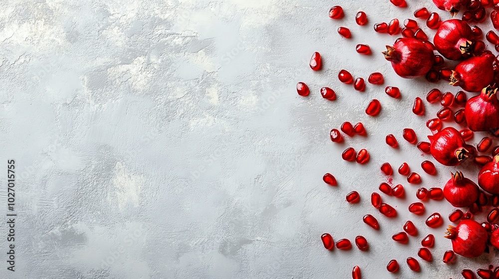 A visually appealing arrangement of pomegranates and their seeds on a textured gray background. A visually appealing arrangement of pomegranates and their seeds on a textured gray background.