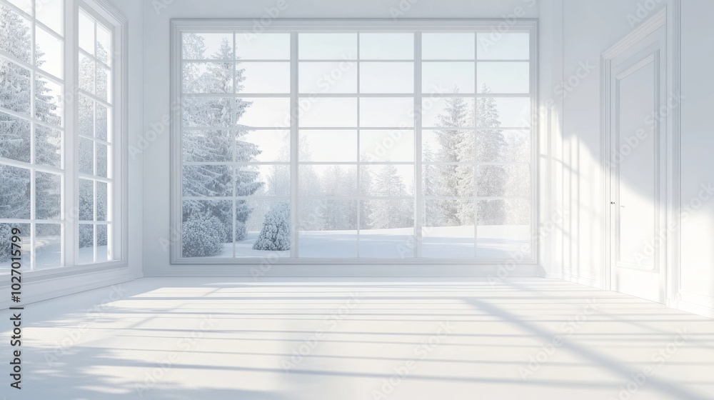 Fototapeta premium White empty room interior design with winter view in the window. Ai generated image