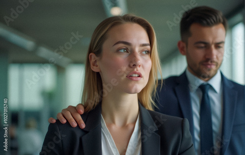 Workplace harassment situation, male superior places hand on female employee shoulder in an office. Distressed young woman in professional clothing reacts to unwanted touch, power abuse