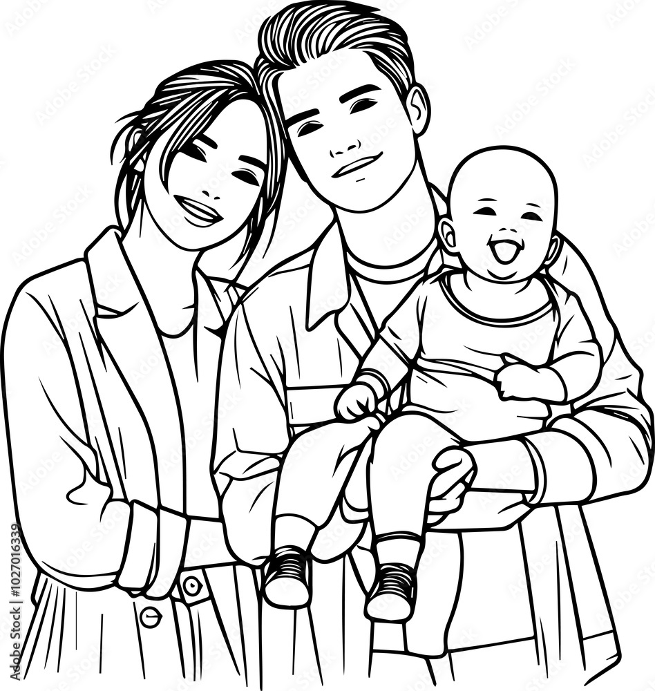 Black Line Art Baby Carried With Parent Hand Drawn Illustration Black Line Art Baby Carried With Parent Hand Drawn Illustration
